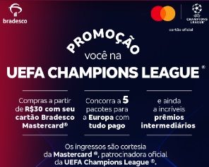 A Promoção Bradesco Você na UEFA Champions League 2025 oferece uma oportunidade incrível para os clientes Mastercard® do Bradesco e Bradescard de ganharem uma viagem para a semifinal da UEFA Champions League® na Europa, além de diversos outros prêmios. O período de participação vai de 05 de dezembro de 2024 a 11 de fevereiro de 2025, e a promoção se divide em dois sorteios.