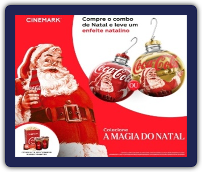 Imagem de bolas natalinas exclusivas da Coca-Cola, com o logotipo da marca e o tema do Papai Noel, como brinde de promoção na Cinemark.