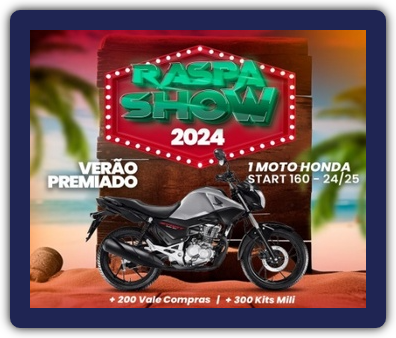 Imagem promocional da Farmagnus Raspashow 2025, destacando a chance de ganhar uma Honda Start 160cc 0km e vouchers de R$100. A imagem contém detalhes sobre a promoção, como valores mínimos de compra, prêmios disponíveis e as datas de participação.