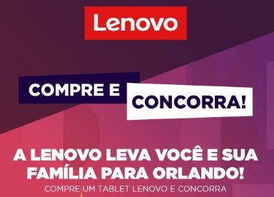 A imagem tem como objetivo ilustrar a promoção da Lenovo, destacando o prêmio principal, que é uma viagem para Orlando, com todo o suporte visual para atrair o interesse do público-alvo, mostrando os tablets Lenovo como os produtos participantes e a oportunidade de ganhar a viagem com tudo pago.