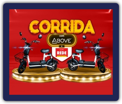 Imagem ilustrativa da promoção Corrida com Above, mostrando scooters elétricas como prêmio. A imagem destaca a oportunidade de ganhar uma das 30 scooters ao comprar produtos Above nas Lojas Rede.