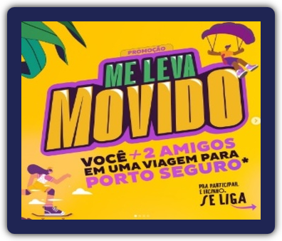 Imagem de divulgação da Promoção Me Leva Movido 2024, mostrando o patinete elétrico e o voucher de viagem como prêmios.