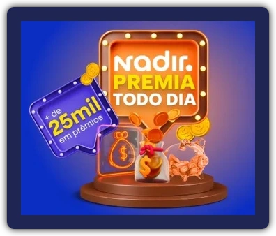 Imagem promocional da campanha "Nadir Premia Todo Dia", destacando prêmios de até R$ 700 em créditos digitais e a necessidade de compras a partir de R$ 30 em produtos Nadir para participar. A imagem inclui cores vibrantes, elementos de sorte, e produtos da marca como destaque.