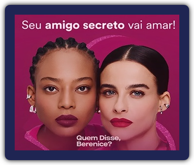 Imagem de divulgação da promoção de Natal da Quem Disse, Berenice?, com produtos de maquiagem e fragrâncias em destaque, acompanhados do texto promocional: "Compre 3 itens e ganhe 5 amostras gratuitas". Fundo com elementos natalinos em tons dourados e vermelhos, reforçando o tema da campanha.