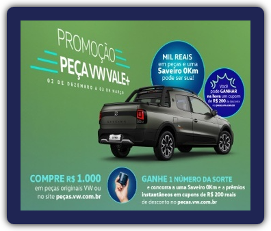 Imagem promocional da Promoção Peça VW Vale+ com destaque para uma Saveiro MY25 0km e cupons de desconto de R$200. A imagem traz elementos visuais que enfatizam os prêmios e a mensagem de incentivo à participação, mostrando a facilidade de cadastro e os benefícios exclusivos para clientes Volkswagen.