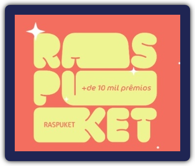 Imagem promocional da campanha "Raspuket Natal 2024" das lojas Puket. A imagem exibe um layout natalino com elementos festivos, como presentes, enfeites e cupons raspáveis. O texto destaca a frase “Raspe e Ganhe + de 10 mil prêmios” com detalhes sobre a promoção.