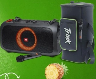 Imagem promocional da campanha 'Brinde o Verão com Trink', destacando os prêmios de uma Caixa de Som JBL PartyBox 2 e uma bolsa personalizada Trink, com informações sobre como participar comprando produtos Trink no Boa Vista Supermercados.