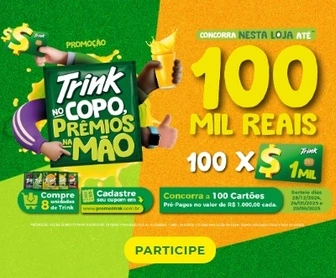 Imagem promocional da promoção "Trink no copo, prêmios na mão", mostrando produtos da marca Trink com destaque para os prêmios de R$ 1.000,00 em cartões pré-pagos.