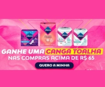 Imagem promocional da campanha 'Compre e Ganhe' da Libresse, destacando a Toalha Canga exclusiva para o verão de 2025, com cores vibrantes e design moderno, junto a informações sobre como participar.