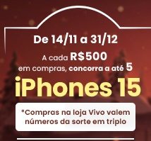 Imagem promocional do Montes Claros Shopping 2024, destacando a chance de ganhar um iPhone 15 de 256 GB e brindes Kopenhagen com a participação na promoção. A imagem exibe o prêmio principal e o processo de participação.