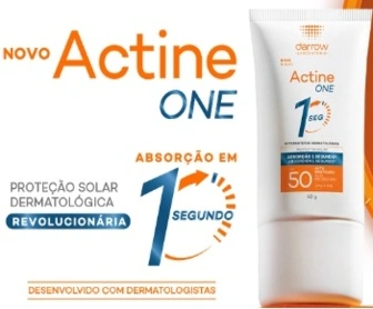 Imagem promocional da campanha da Darrow, destacando o protetor solar facial Actine One FPS50, com frase de destaque 'Teste Grátis' e instruções para participar da promoção.