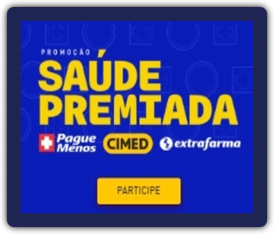 Imagem promocional da Saúde Premiada, destacando os prêmios como vales-compras digitais e barras de ouro no valor de R$ 15 mil, com a participação da Pague Menos e Cimed.