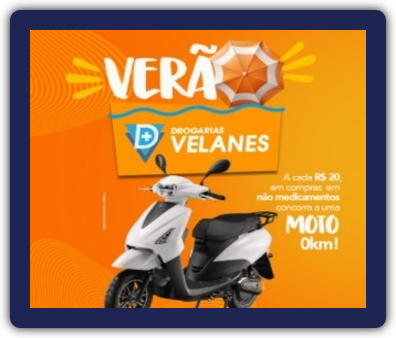 Imagem promocional da "Promoção Verão Velanes", destacando a moto elétrica RBZ 1000W que será sorteada entre os clientes das Drogarias Velanes.