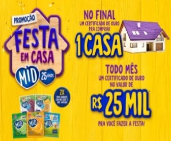 Imagem promocional da Festa em Casa MID 25 Anos, mostrando embalagens dos produtos MID e MID ZERO, com destaque para o sorteio de certificados de ouro no valor de R$ 525 mil. A imagem ilustra as chances de ganhar prêmios ao participar da promoção.