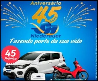 Imagem promocional do Supermercado Niederauer 45 Anos, destacando os prêmios da promoção, como carros, motos e vale-compras.