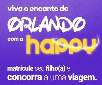 Imagem promocional da Happy Centro Britânico, destacando a chance de ganhar uma viagem para Orlando, com informações sobre a promoção e detalhes dos prêmios.