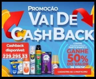 Imagem promocional da campanha Vai de Cashback SC Johnson, destacando as marcas participantes (Raid, Off!, Baygon e Glade), o benefício de até 50% do valor de volta em compras qualificadas e o prazo de participação até 15 de abril de 2025.