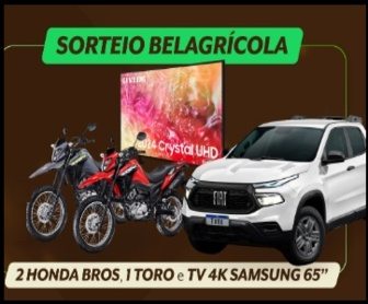 Imagem que promove a Promoção Belagrícola 2025, destacando os prêmios como o Fiat Toro Endurance, Motos Honda NXR 160 BROS ABS e Smart TV Samsung 65” 4K, e a oportunidade para produtores rurais participarem.