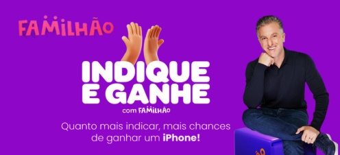 Imagem colorida e vibrante promovendo a campanha Indique e Ganhe do Familhão. O layout apresenta os prêmios oferecidos, como iPhones 14, vouchers de R$ 200, R$ 100 e R$ 50, além das marcas parceiras Assaí Atacadista, Americanas e McDonald’s. Também destaca o período de vigência da promoção (25/12/2024 a 29/01/2025) e incentiva os assinantes a gerar seu link exclusivo de indicação no site oficial