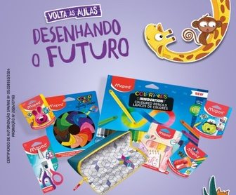 Imagem promocional da campanha 'Kit de Volta às Aulas Maped 2025'. O design é colorido e vibrante, destacando itens escolares como lápis de cor, borracha, tesoura, marca-texto e régua. O texto informa detalhes sobre como participar da promoção, que oferece kits escolares gratuitos.