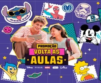 Imagem promocional da campanha Volta às Aulas Disney 2025, destacando o sorteio de 10 tablets Galaxy Tab S9 FE. A imagem apresenta materiais escolares temáticos das marcas Disney, Pixar, Marvel, Star Wars e Simpsons, acompanhados de informações sobre o período da promoção e o slogan 