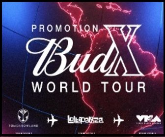 Imagem promocional da campanha Budweiser BudTour 2025, destacando viagens para festivais internacionais como Tomorrowland, Lollapalooza e Boiler Room, além de prêmios instantâneos como caixas de som, mochilas cooler e vouchers Zé Delivery