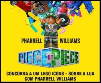 Banner da promoção 'Peça por Peça' com Pharrell Williams, destacando o conjunto LEGO exclusivo como prêmio e as informações para participar, como seguir o artista nas plataformas e responder à pergunta criativa.