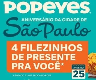 Imagem ilustrando a promoção especial de aniversário de São Paulo do Popeyes, destacando a oferta de 4 filezinhos de frango grátis e os combos promocionais por R$ 9,90, válidos exclusivamente no dia 25 de janeiro de 2025.