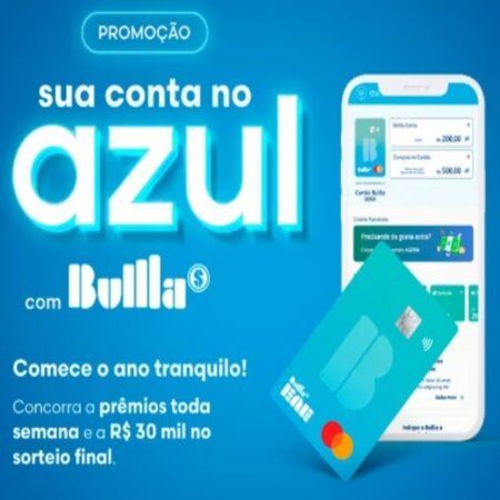 Banner promocional da campanha Bullla 2025 com destaque para prêmios de até R$ 30 mil em créditos no cartão Bulllaene. Imagem apresenta cores vibrantes, textos chamativos e informações sobre como participar.