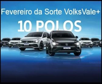 Imagem de um Volkswagen Polo Track 0Km, carro principal da promoção, com fundo que destaca a marca Volkswagen e elementos relacionados à promoção 