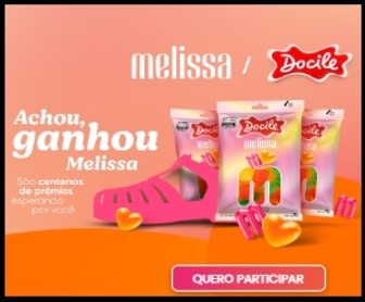 Imagem ilustrativa da Promoção Docile Melissa, destacando os vales-brindes que podem ser trocados por calçados Melissa, com destaque para o logo da promoção e a embalagem de Gelatines Melissa 70g da Docile.