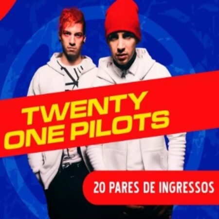 Imagem destacando a promoção para ganhar ingressos VIP para o show do Twenty One Pilots, com o logo da rádio Metropolitana FM.