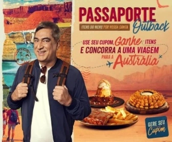 Imagem promocional do Passaporte Outback, com ilustrações de um canguru, o mapa da Austrália e elementos que remetem à experiência gastronômica do Outback Steakhouse. O texto na imagem destaca a oportunidade de ganhar prêmios exclusivos e concorrer a uma viagem para a Austrália.