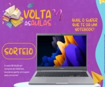 Imagem promocional da campanha Volta às Aulas Copérdia mostrando o prêmio principal, um notebook Samsung Galaxy Book Go, e destacando a promoção para ganhar prêmios ao comprar materiais escolares no Super Copérdia em Santa Catarina.