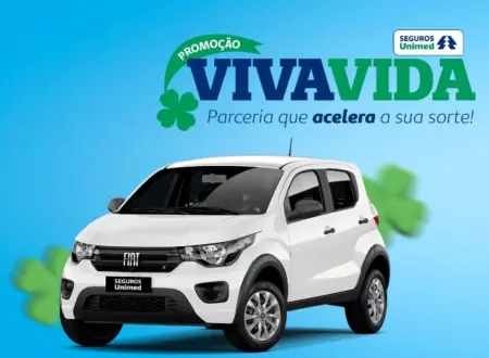 Imagem promocional da campanha "Viva Vida 2025" da Unimed Seguradora. A arte apresenta um automóvel Fiat Mobi branco com o logotipo da Unimed em destaque, acompanhado de elementos gráficos que reforçam a temática de premiação e incentivo às cooperativas. O texto "Participe e concorra a 8 Fiat Mobi 0km!" aparece em letras chamativas para atrair a atenção dos participantes.