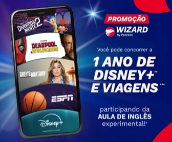 Imagem promocional da campanha "Maratonar em Inglês é WOW" da Wizard by Pearson, destacando os prêmios da promoção, como viagens internacionais e vouchers Disney+, com a logo da Wizard.