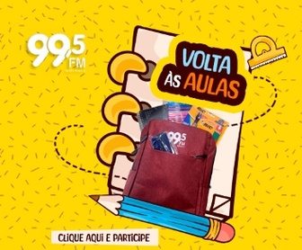 Imagem promocional da campanha Volta às Aulas 99,5 FM, destacando materiais escolares, datas da promoção e a oportunidade de concorrer a 20 kits escolares completos