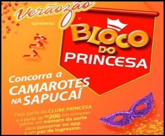 Imagem promocional da Promoção Princesa 2025, mostrando a chance de ganhar ingressos para o camarote Folia Tropical no Carnaval do Rio de Janeiro, incluindo open bar e open food.