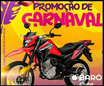 Banner promocional da Promoção Carnaval 2025 Barô Clube, destacando os prêmios: uma Moto Honda Bros 160 0km e um iPad 10. A imagem contém elementos visuais festivos de Carnaval, cores vibrantes e detalhes sobre a participação.