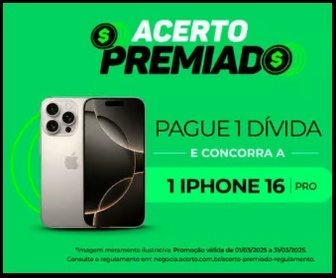 Imagem de um iPhone 16 Pro Apple, destacando o prêmio principal da Promoção