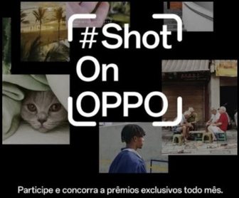 Imagem promocional da promoção #ShotOnOPPO 2025, com detalhes sobre como participar do concurso fotográfico, destacando prêmios como smartphones OPPO e kits exclusivos.