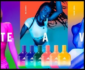 Imagem promocional da campanha Adidas Vibes 2025, destacando a oportunidade de ganhar uma amostra grátis do perfume Adidas Vibes. A arte apresenta um frasco da fragrância em destaque, com elementos visuais modernos e vibrantes que remetem à energia da marca Adidas.