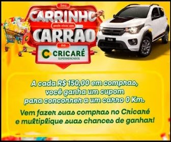 Imagem promocional da Cricaré 2025 mostrando o carro MOBI TREKKING 1.0 FLEX 0km, prêmio da promoção 