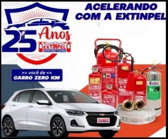 Imagem promocional vibrante da Extinpel Extintores que celebra os 25 anos da empresa, destacando o prêmio principal – um Chevrolet Onix 0km – e incentivando a participação na promoção 