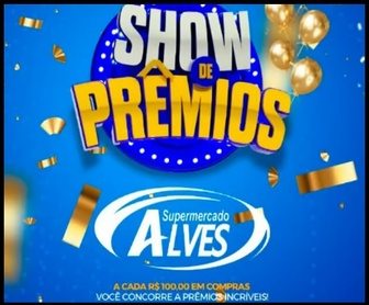 Banner promocional da Promoção Supermercado Alves 2025, destacando os prêmios oferecidos, como motos, TVs e eletrodomésticos, além das principais informações sobre como participar.