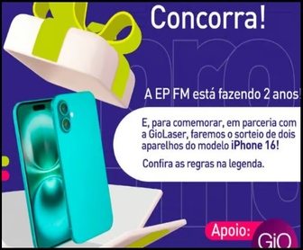 Imagem vibrante da promoção EP FM 2025, destacando a celebração dos 2 anos da emissora com sorteio de um iPhone 16 para participantes de São Carlos e Araraquara.