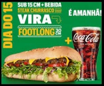 Imagem promocional do Subway 2025 em Dobro, exibindo um sanduíche transformado de 15 cm para 30 cm acompanhado de uma bebida, com destaque para a oferta imperdível e a data final em 31 de março de 2025, convidando o público a aproveitar o dobro de sabor e participar da promoção.