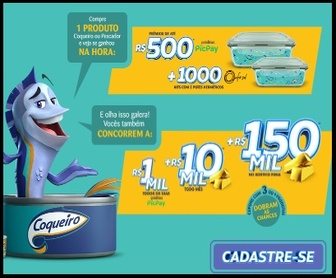 Banner da Promoção Coqueiro 2025 – O Peixe da Hora Premiada, destacando prêmios instantâneos e sorteios de até R$150 mil, com imagens de produtos Coqueiro e Pescador.