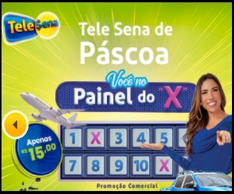 Banner promocional da Tele Sena de Páscoa 2025 destacando a promoção “Painel do X”, com chamada para participação, datas da campanha e prêmios em dinheiro, carro, moto e outros bens.