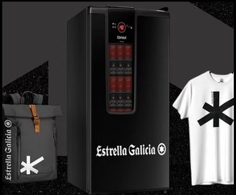 Imagem promocional do Concurso Garçom Estrella Galicia 2025, com elementos visuais como tampinhas de cerveja, garçons sorrindo em ambiente de bar e destaque para os prêmios, como cartão-presente, cervejeira e kit exclusivo da marca.
